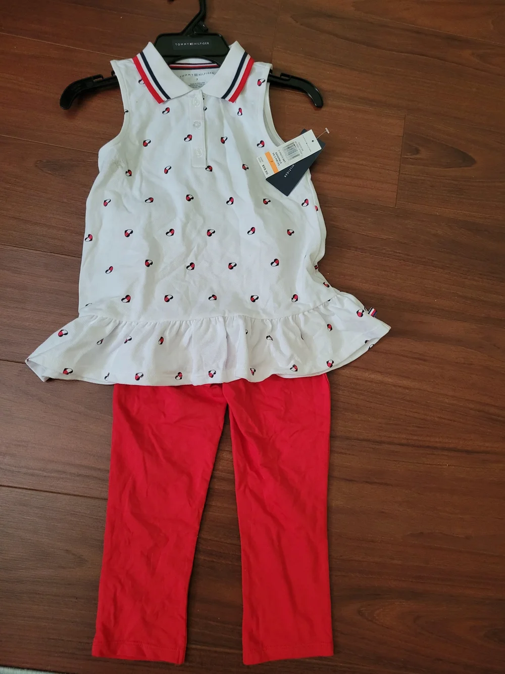 Tommy Hilfiger White Peplum Polo Top & Red Leggings Set